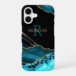 Coque iPhone 16 Nom & Monogramme Agate sarcelle et noir, Texte sar
