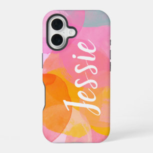 Coque iPhone 16 Nom personnalisé aquarelle abstrait rose écriture