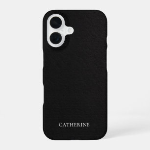 Coque iPhone 16 Nom personnalisé Cuir Noir Élégant