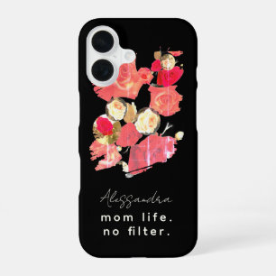 Coque iPhone 16 Nom personnalisé Élégant Noir Rouge Blanc Floral M