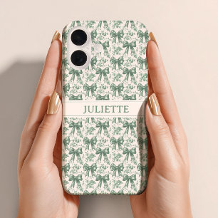Coque iPhone 16 Nom personnalisé Elégante Vintage Floral Green Bow