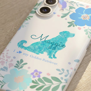 Coque iPhone 16 Nom personnalisé Golden Retriever Floral Bleu Past