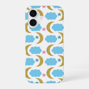 Coque iPhone 16 Nuages de Lune Étoiles Faux Paillettes Or Bleu