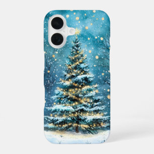 Coque iPhone 16 Nuit silencieuse Arbre de Noël lumineux en forêt