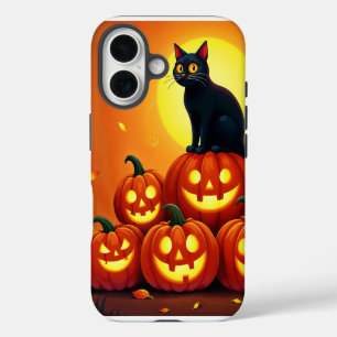 Coque iPhone 16 Œuvre d'art Halloween avec chat et pleine lune