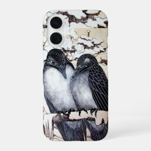 Coque iPhone 16 OISEAUX D'AMOUR D'HIVER DANS LA NEIGE Dessin Noir