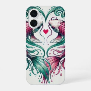Coque iPhone 16 Oriental rose et turquoise amour coeur koi tatouag