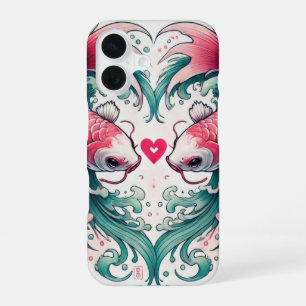 Coque iPhone 16 Oriental rose et turquoise amour coeur koi tatouag