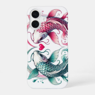 Coque iPhone 16 Oriental rose et turquoise coeur d'amour koi tatou