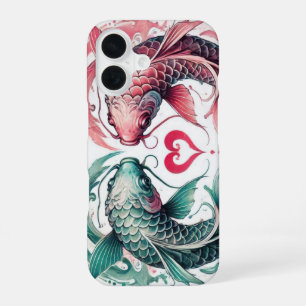 Coque iPhone 16 Oriental rose et turquoise coeur d'amour koi tatou