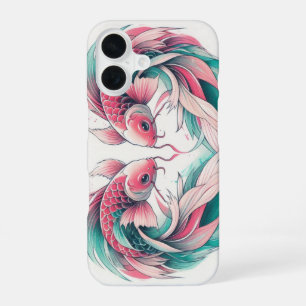 Coque iPhone 16 Oriental rose et turquoise coeur d'amour koi tatou
