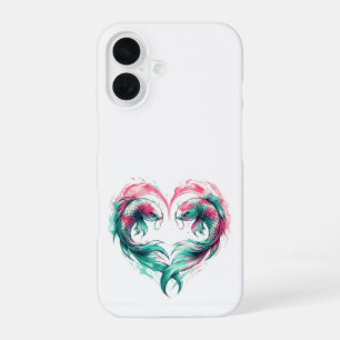 Coque iPhone 16 Oriental rose et turquoise coeur d'amour koi tatou