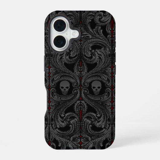 Coque iPhone 16 Ornement Goth Grey avec crâne (Verso)