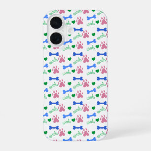 Coque iPhone 16 Os de patte de chien coeurs ouah ouah motif rose v