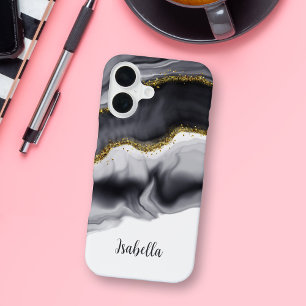Coque iPhone 16 Paillettes Faux Or Noir Personnalisé