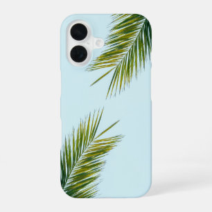 Coque iPhone 16 Palmier Vert Tropical sur Fond Bleu Clair
