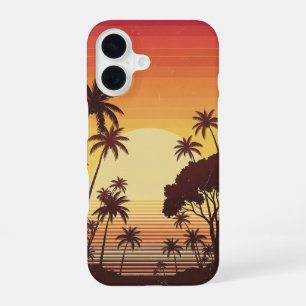 Coque iPhone 16 Palmiers Coucher de Soleil Rétro Lignes