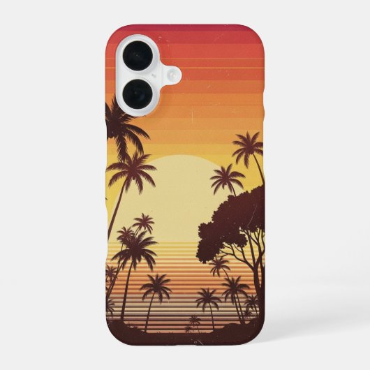 Coque iPhone 16 Palmiers Coucher de Soleil Rétro Lignes (Verso)