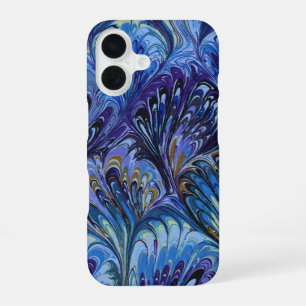 COQUE iPhone 16 PAPIER MARBÉ, MOTIF ABSTRAIT BLEU PEACOCK, EAUX