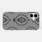 Coque iPhone 16 Papier peint baroque gris (Verso Horizontal)