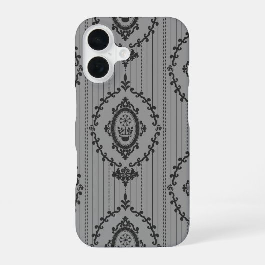Coque iPhone 16 Papier peint baroque gris (Verso)