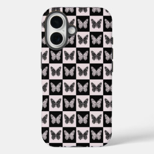 Coque iPhone 16 Papillon À damiers Motif en noir et blanc