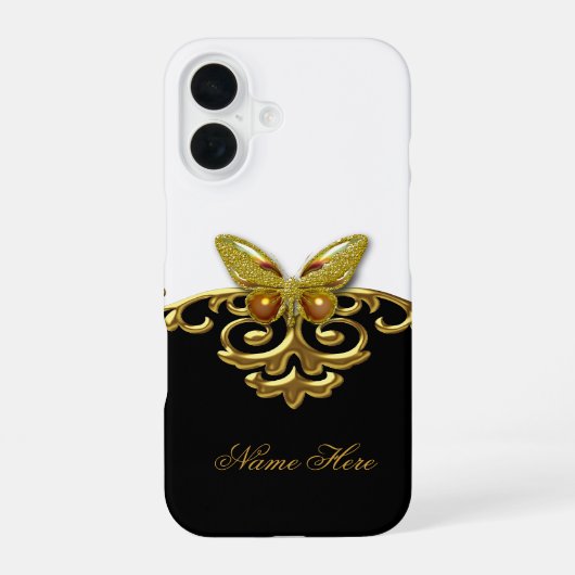 Coque iPhone 16 Papillon blanc noir d'or (Verso)