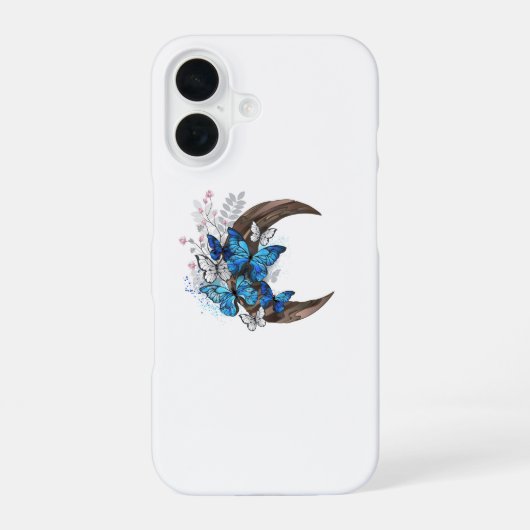 Coque iPhone 16 Papillons bleus sur croissant en bois (Verso)