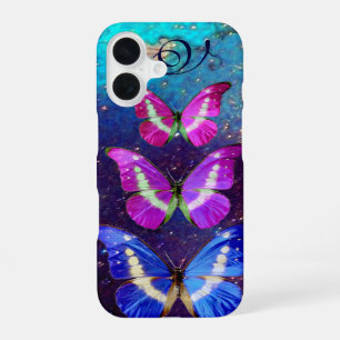 COQUE iPhone 16 PAPILLONS BLEUS VIOLETS ROSES DANS DES ÉTOINCELLES