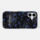 Coque iPhone 16 Papillons de nom de script bleu argenté moderne (Verso Horizontal)