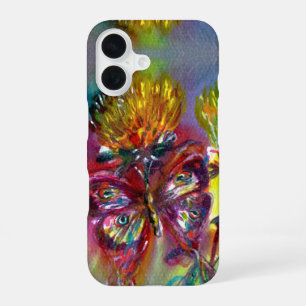 Coque iPhone 16 PAPILLONS ROUGES SUR CHARDONS JAUNES,Ciel bleu Flo