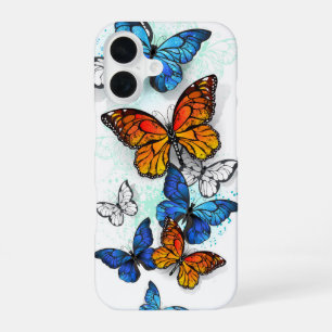Coque iPhone 16 Papillons volants Morpho et Monarch