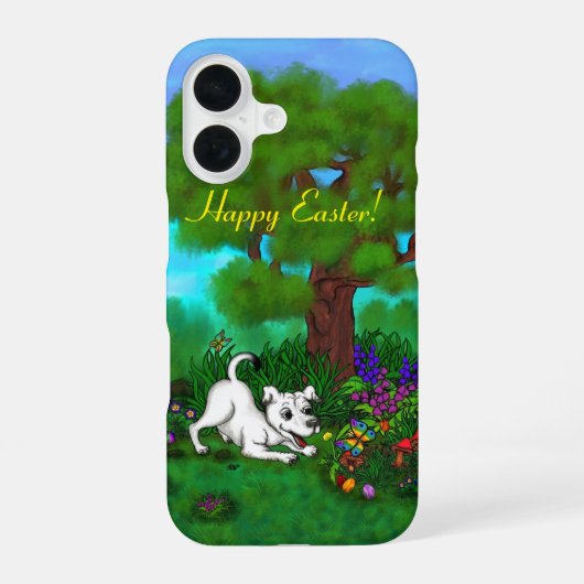 Coque iPhone 16 Pâques - Chiot Capo et Papillon (Verso)