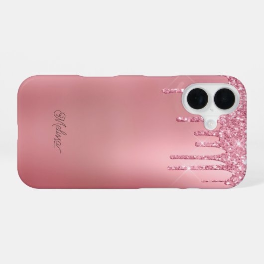 Coque iPhone 16 Parties scintillant moderne à goutte rose Personna (Verso Horizontal)