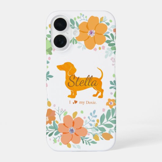 Coque iPhone 16 Pastel Orange Dachshund with Flower – Custom Name (Verso)