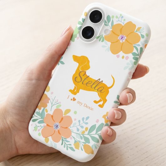 Coque iPhone 16 Pastel Orange Dachshund with Flower – Custom Name