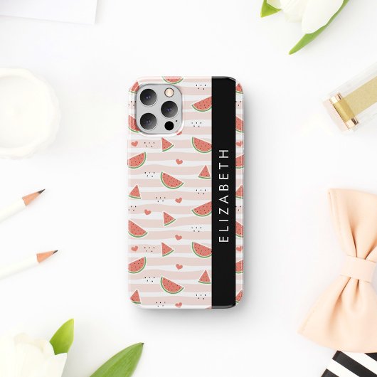 Coque iPhone 16 Pastèques rouges, cœurs, rayures, votre nom