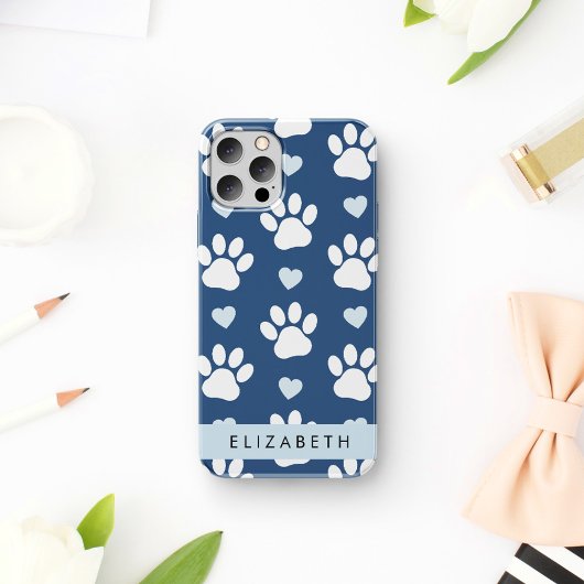 Coque iPhone 16 Pattes de chien, Pattes blanches, Cœurs bleus, Vot