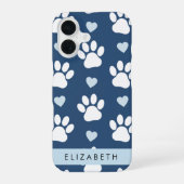 Coque iPhone 16 Pattes de chien, Pattes blanches, Cœurs bleus, Vot (Verso)