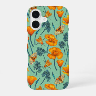 Coque iPhone 16 Pavots de Californie et papillons de nuit sur jade