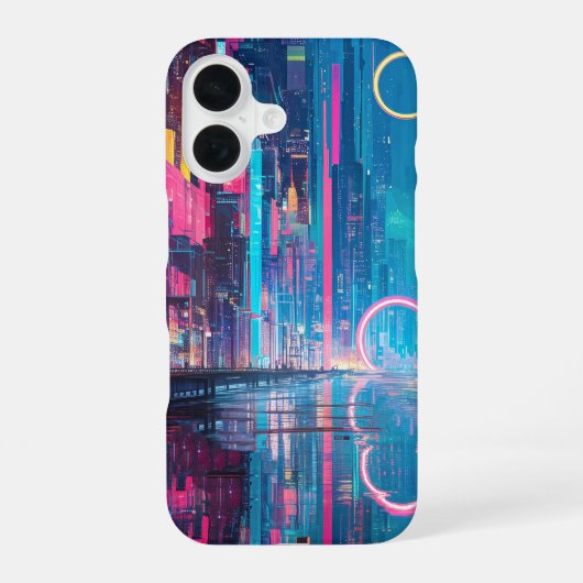 Coque iPhone 16 Paysage urbain néon vibrant futuriste de nuit (Verso)