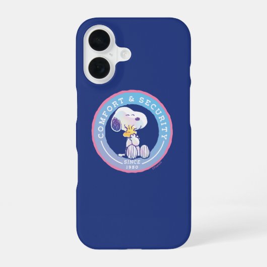 Coque iPhone 16 Peanuts | Badge Confort & Sécurité Bleu (Verso)