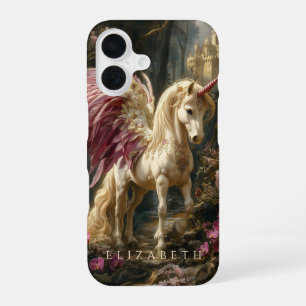 Coque iPhone 16 Pégase blanc aux ailes roses Château de conte de f