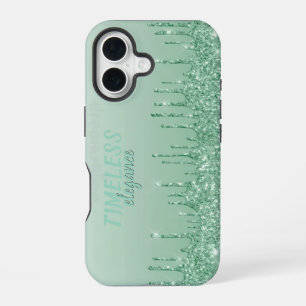Coque iPhone 16 Peinture Pailletée Dégoulinante Vert Menthe Esthét