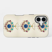 Coque iPhone 16 Pendentif Oeil Evil avec Gemmes et Chaînes (Verso Horizontal)
