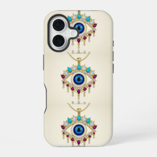Coque iPhone 16 Pendentif Oeil Evil avec Gemmes et Chaînes