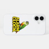 Coque iPhone 16 Perruche à tête verte sur réveil (Verso Horizontal)