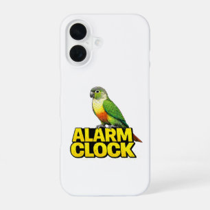 Coque iPhone 16 Perruche à tête verte sur réveil