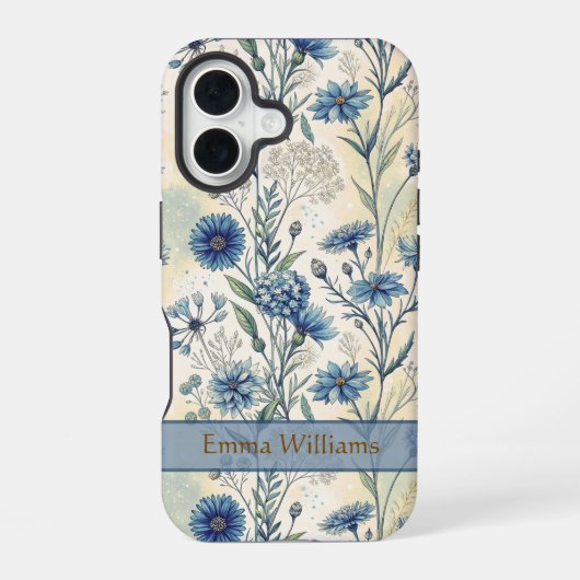 Coque iPhone 16 Personalized Name Blue Wildflowers (Verso)