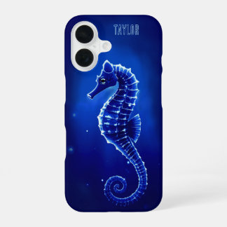 Coque iPhone 16 Personalized Neon Blue Seahorse       